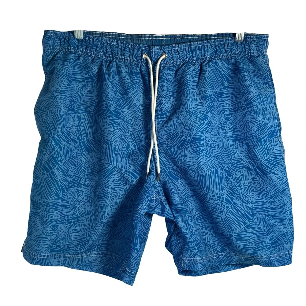 Lands' End Mens Blue Palm Leaf Print Swim‎ Trunks Size L 36-38 Mesh Liner Pocket